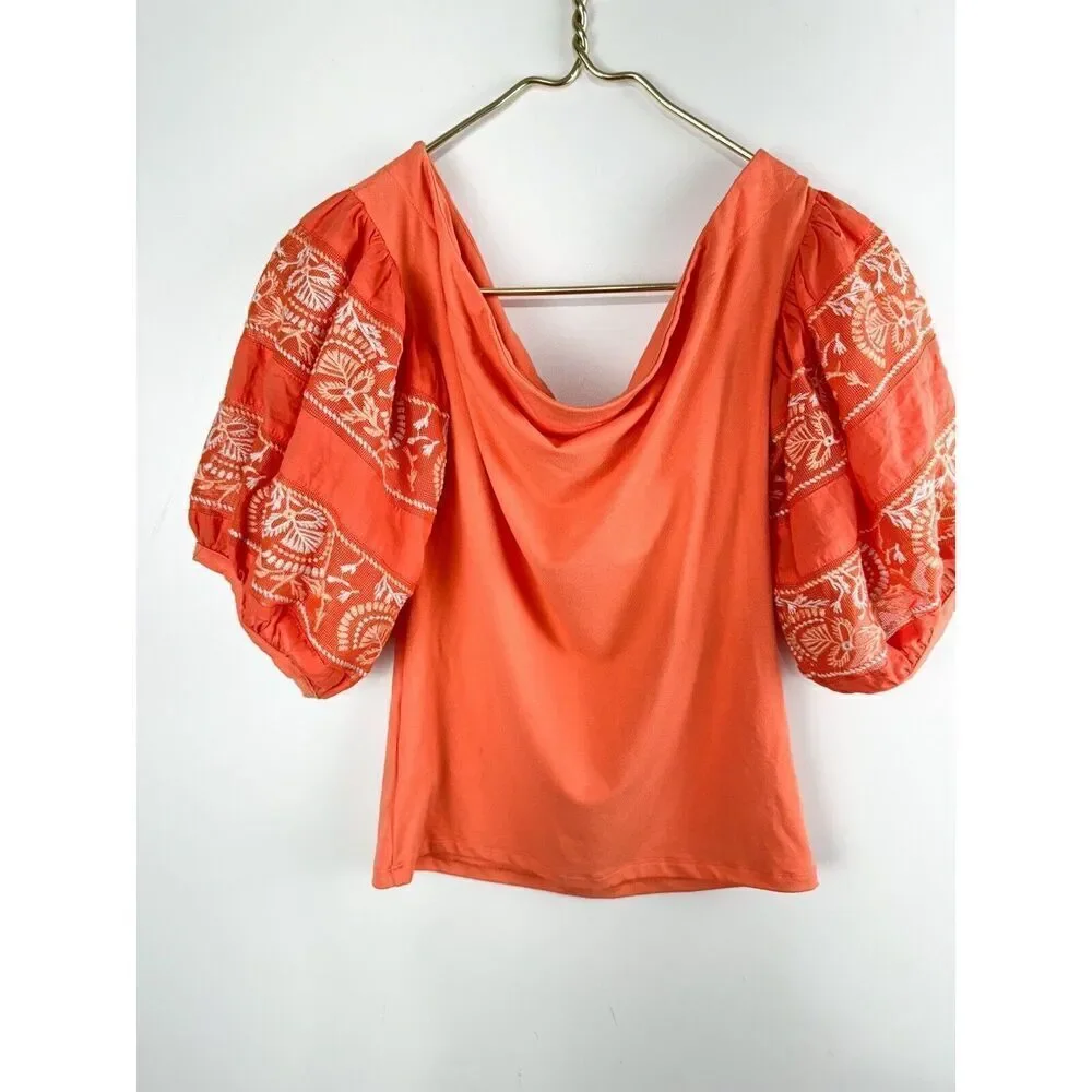 Free People Sz S Coral Rock With It Embroidered Puff Sleeve Off The Shoulder